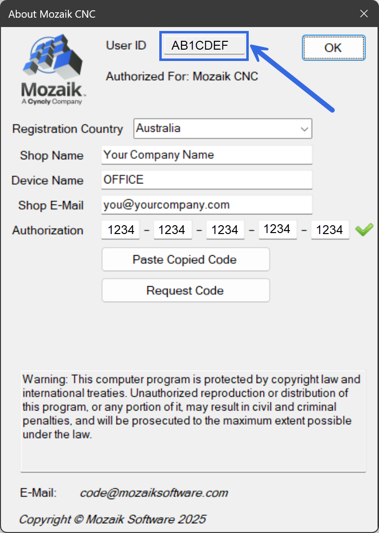 SCREENSHOT: The 'About Mozaik' dialog box with the 'User ID' field highlighted