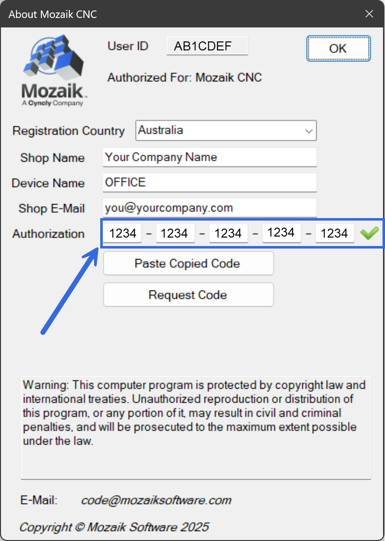 SCREENSHOT: The 'About Mozaik' dialog box with the 'Authorization' code fields highlighted