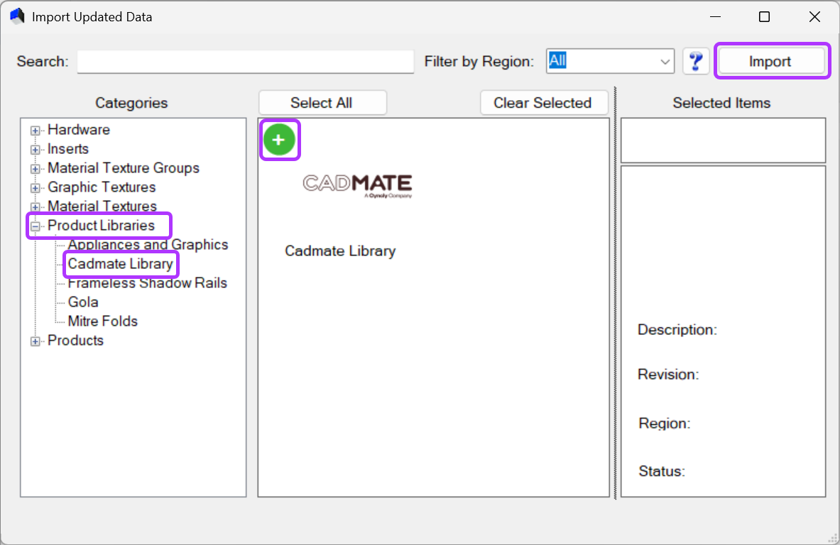 SCREENSHOT: The Import Updated Data window with Cadmate Library selected and ready to import into Mozaik