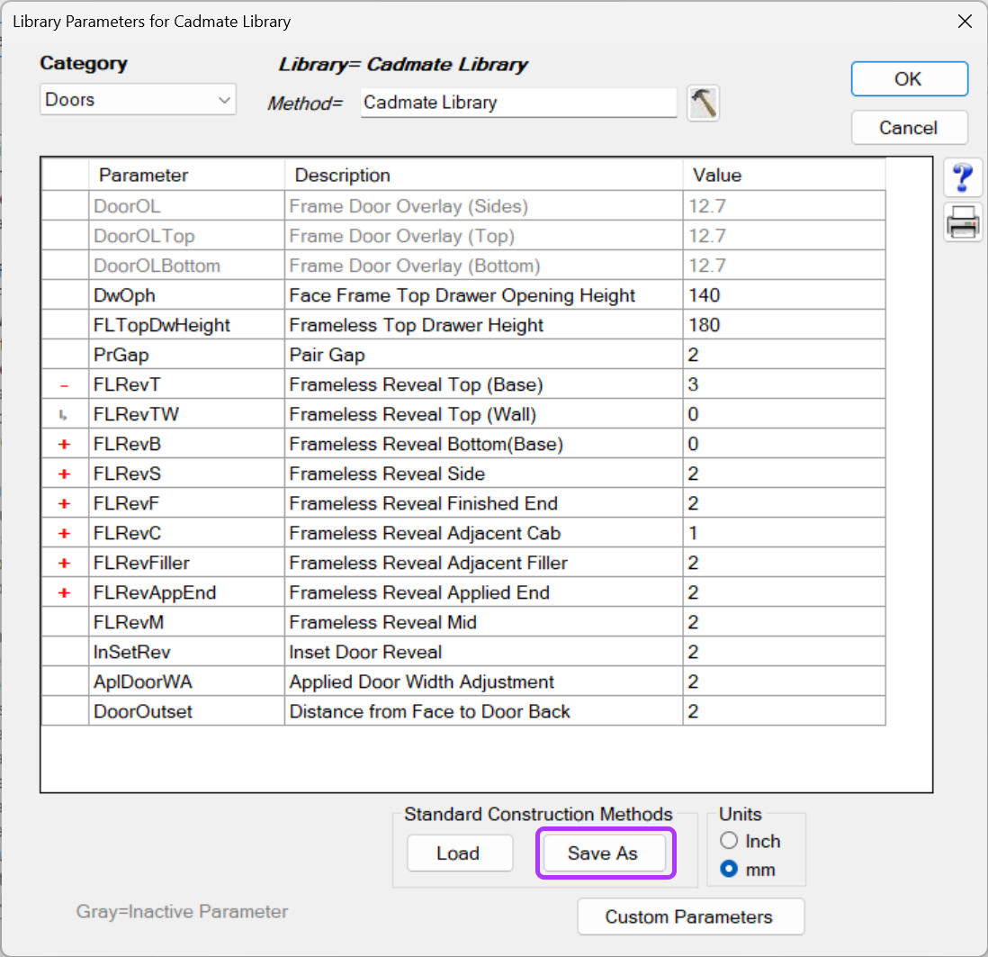 SCREENSHOT: The Library Parameters window highlighting the Save As button