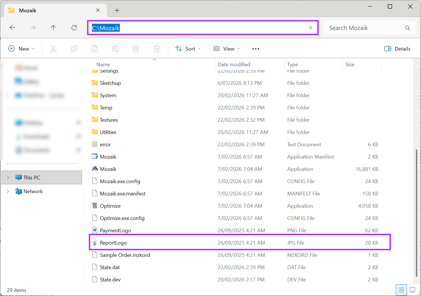SCREENSHOT: File Explorer showing the ReportLogo.jpg file in the C:\Mozaik directory
